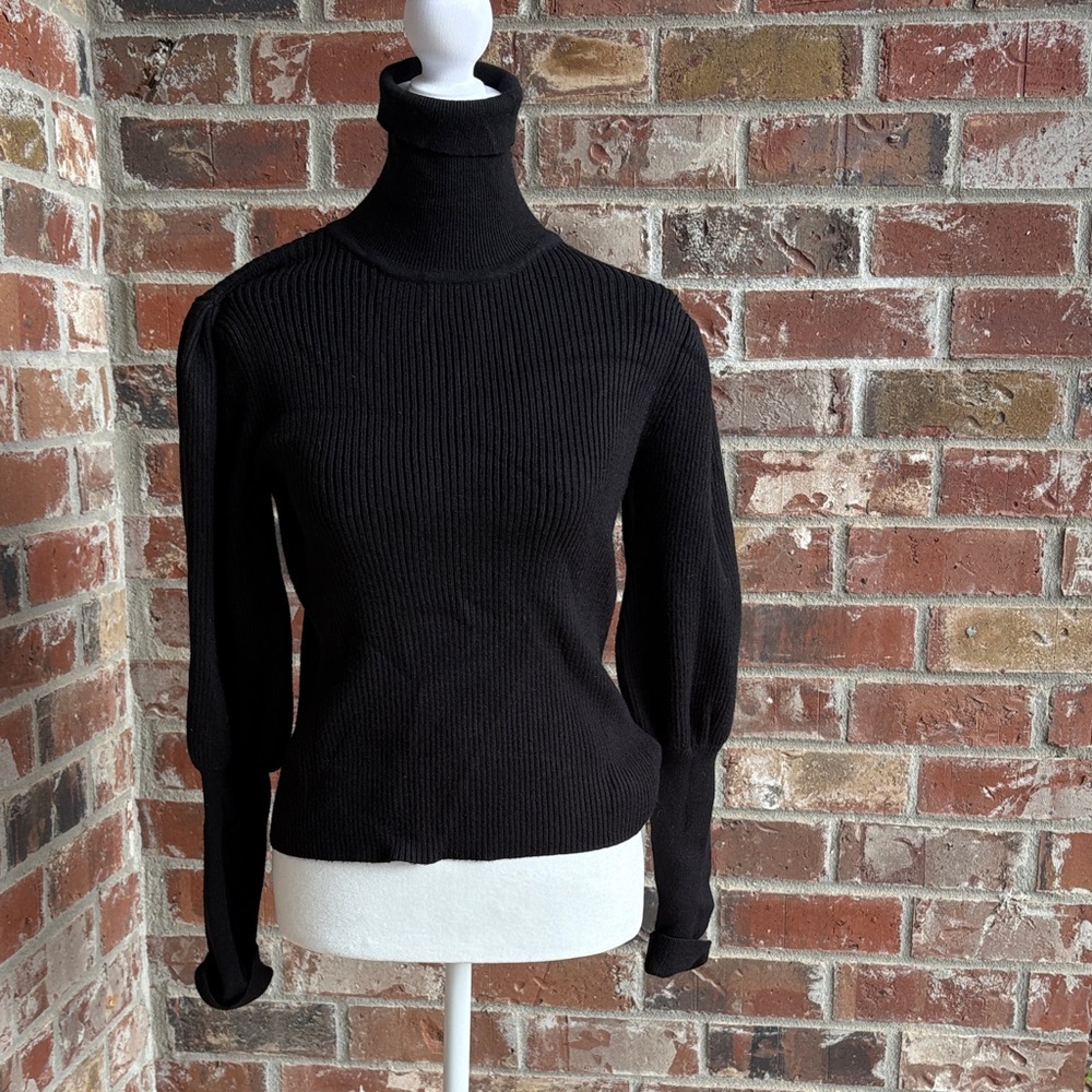 Farm Rio Black Turtleneck Sweater puff pleated sleeves Medium RN 157047